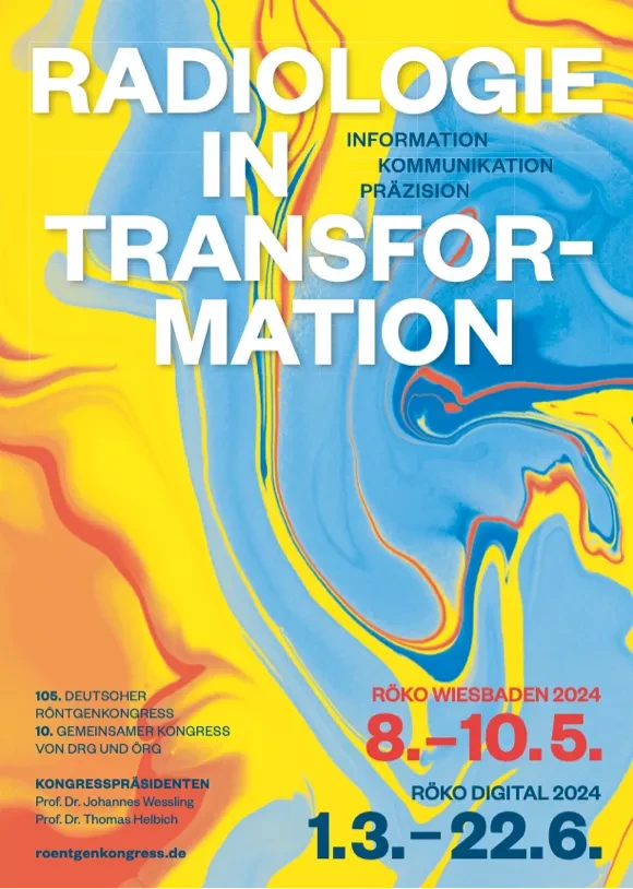 Plakat mit buntem Hintergrund und Text 'Radiologie in Transformation' für den 105. Deutschen Röntgenkongress 2024.