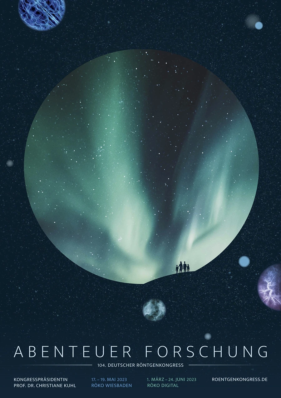 Plakat mit dem Text 'Abenteuer Forschung' und einer Illustration von Polarlichtern und Planeten im Weltraum.