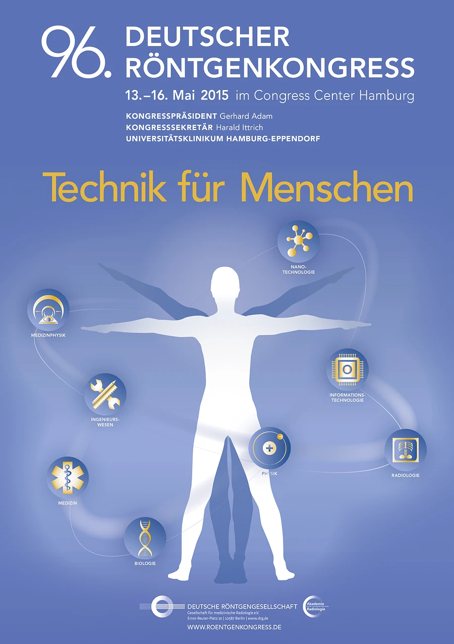 Plakat des 96. Deutschen Röntgenkongresses mit einer weißen Silhouette und Symbolen für verschiedene Technologien