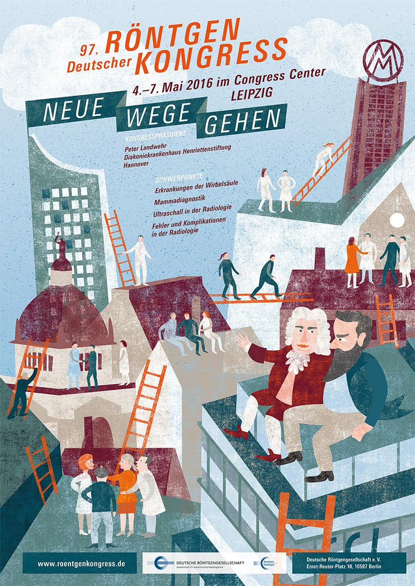 Plakat des 97. Deutschen Röntgenkongresses mit Illustration von Personen auf Leitern und Dächern.