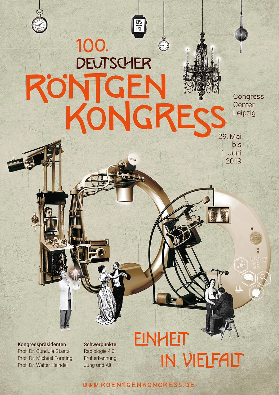 Plakat mit historischen und modernen Röntgengeräten für den 100. Deutschen Röntgenkongress 2019 in Leipzig