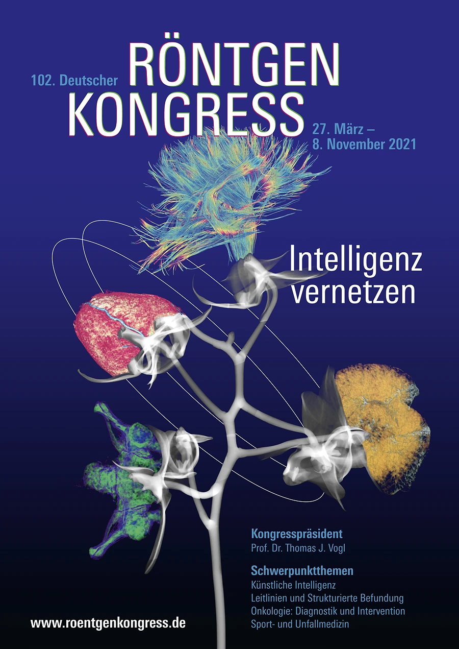 Plakat des 102. Deutschen Röntgenkongresses mit medizinischen Visualisierungen und dem Motto Intelligenz vernetzen.