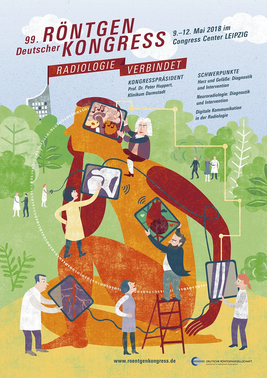 Plakat mit Illustration von Ärzten und medizinischen Bildern für den 99. Deutschen Röntgenkongress 2018.