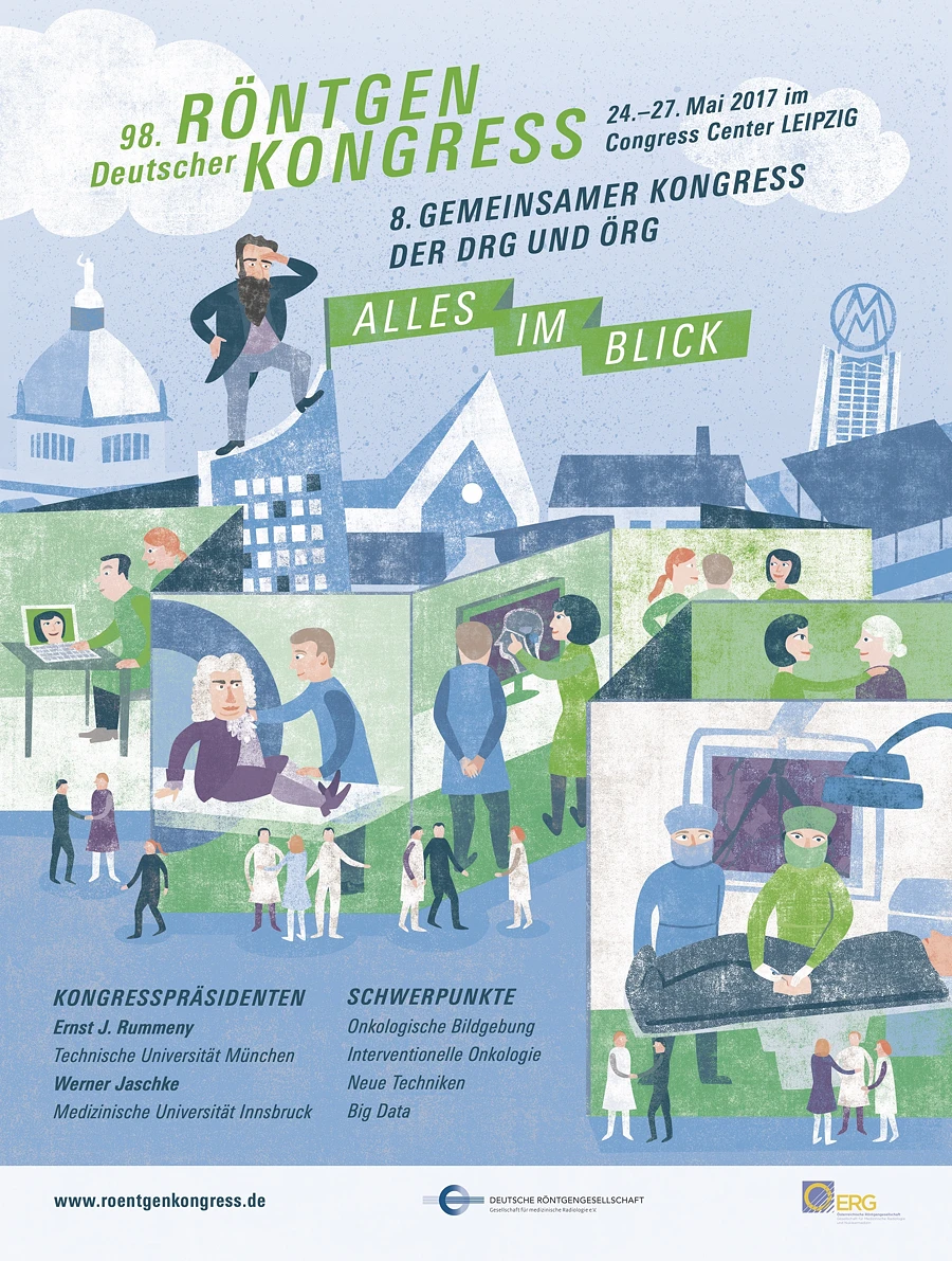 Plakat des 98. Deutschen Röntgenkongresses mit Illustrationen von Ärzten und medizinischen Szenen