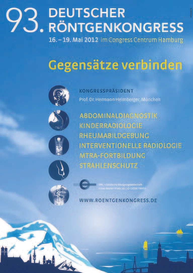 Plakat des 93. Deutschen Röntgenkongresses mit dem Motto 'Gegensätze verbinden' und verschiedenen medizinischen Themen.