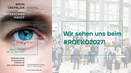 Nahaufnahme eines blauen Auges links und eine Gruppe von Menschen in einer hellen Lobby rechts.